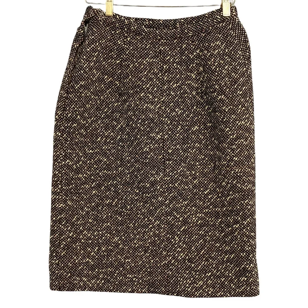 VTG Midi Pencil Skirt Womens M Brown Wool Tweed Mohair Straight Career Preppy